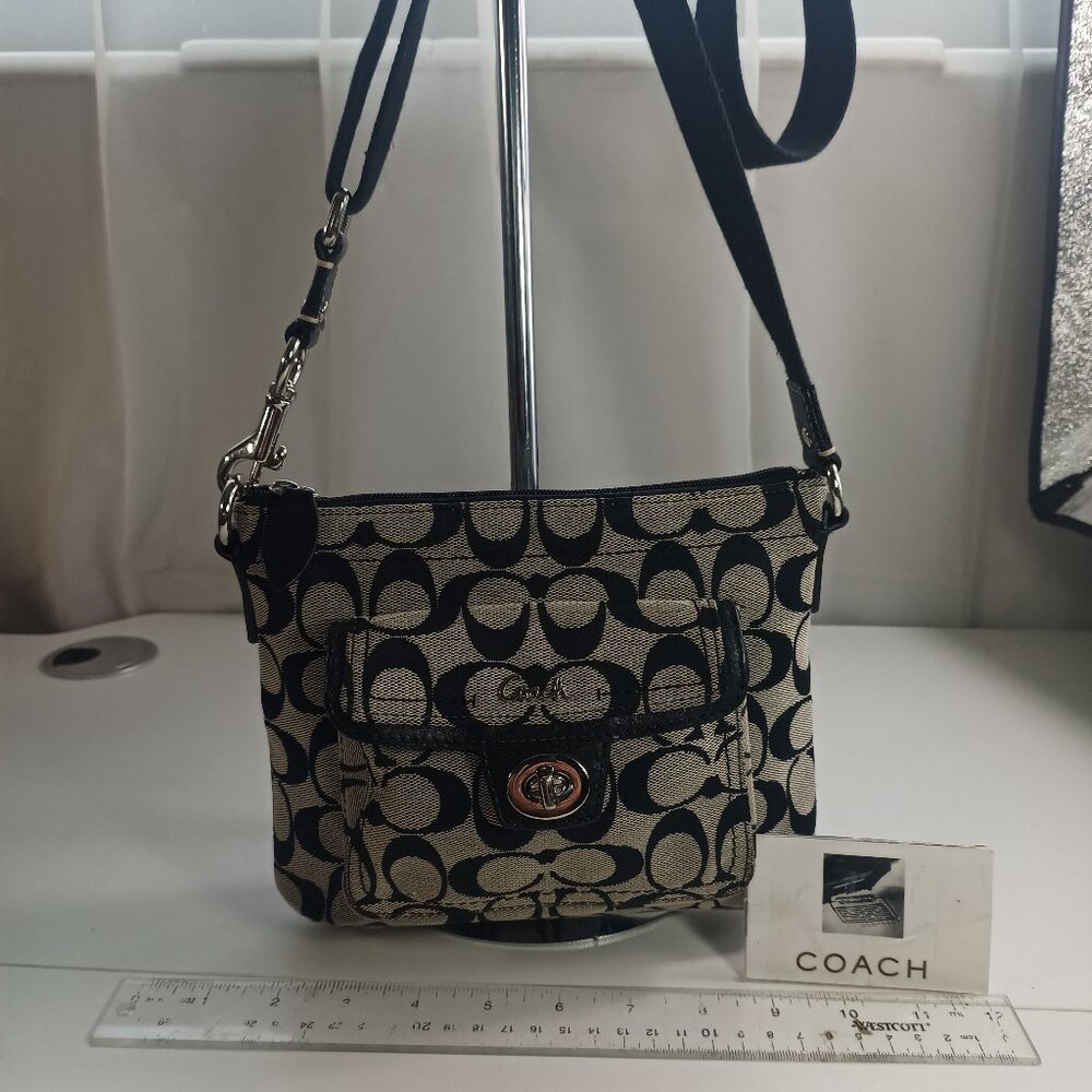 Coach Penelope Small Black Grey Crossbody Signature Canvas Cotton Strap